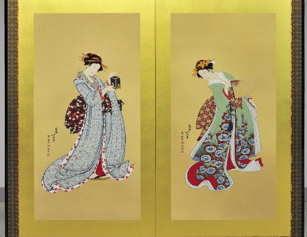 友禅浮世絵屏風『北斎六美人競べ』(二曲一隻)