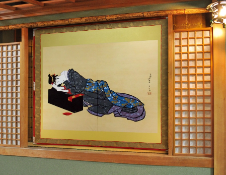 友禅浮世絵屏風 北斎 酔余美人図(二曲一隻)