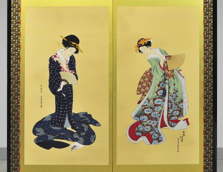 友禅浮世絵屏風 歌麿・北斎競作(二曲一隻)